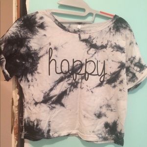 Black and white tie dye tshirt w/ “happy” in black